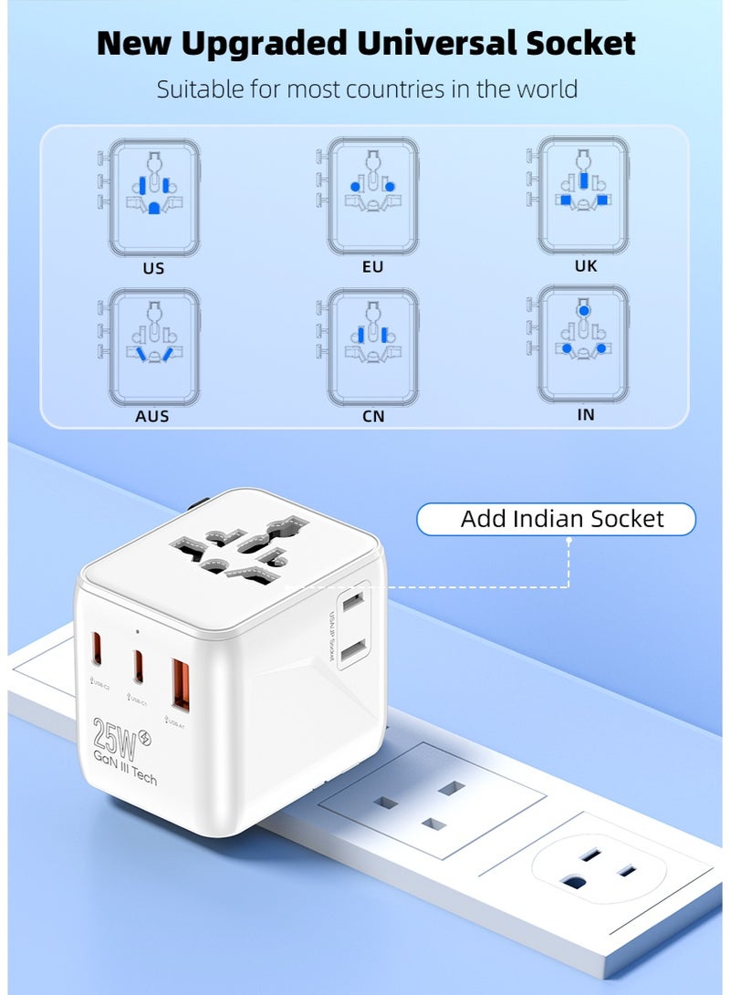 Voltrava Universal Travel Plug Adapter with 2 AC Outlets, PD 25W Fast Charging, Dual USB-C & USB-A Ports – International Multi Plug Power Adapter for Worldwide Travel, Compatible with US UK EU AU Asia – Compact All-in-One Travel Charger - White - Image 3